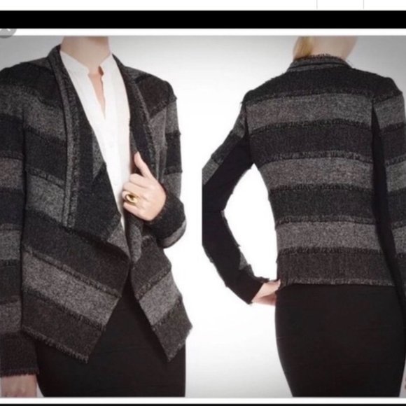 BCBGMaxAzria Fringe Color Block Tweed Blazer Jacket Neutral Stripes Fringe Sz M